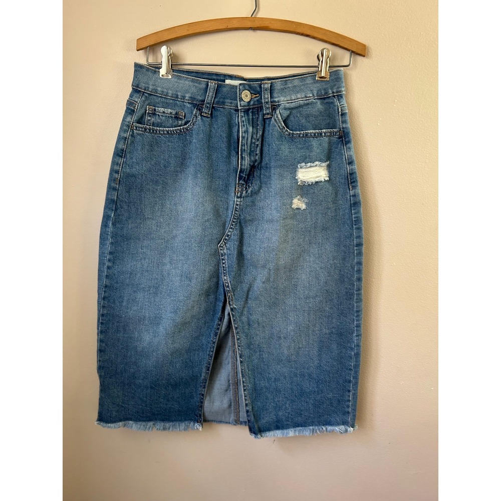 SO Distressed Denim Midi Skirt Front Slit Fringe Size 9 Western Coastal Cowgirl